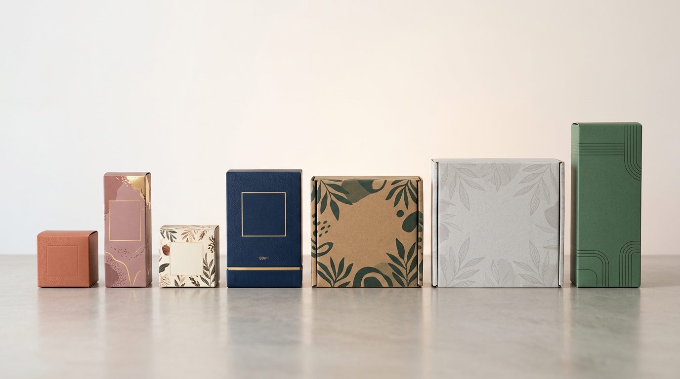 Lineup of custom printed boxes: cosmetic boxes, perfume box and mailer boxes