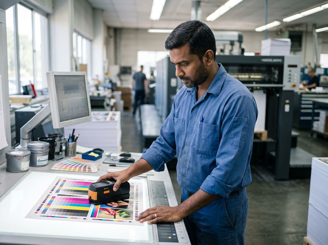Print technician measuring color accuracy with a spectrophotometer on a printed sheet