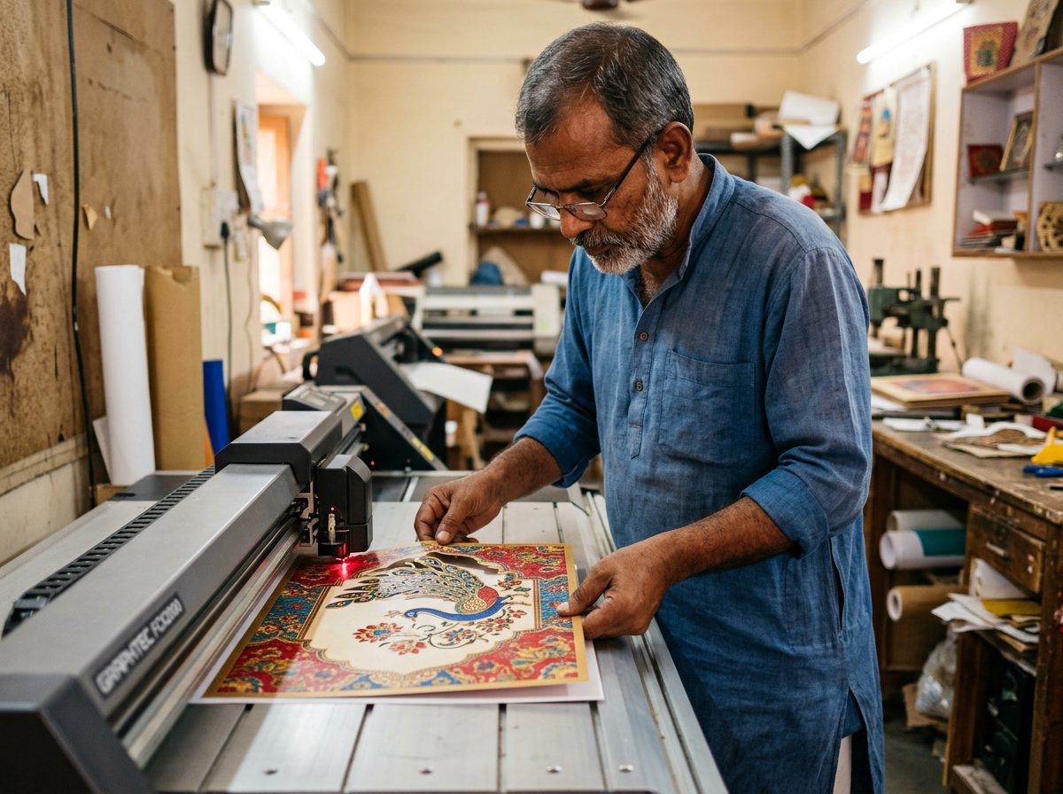 Craftsman operating a precision die-less cutting machine cutting an intricate printed shape