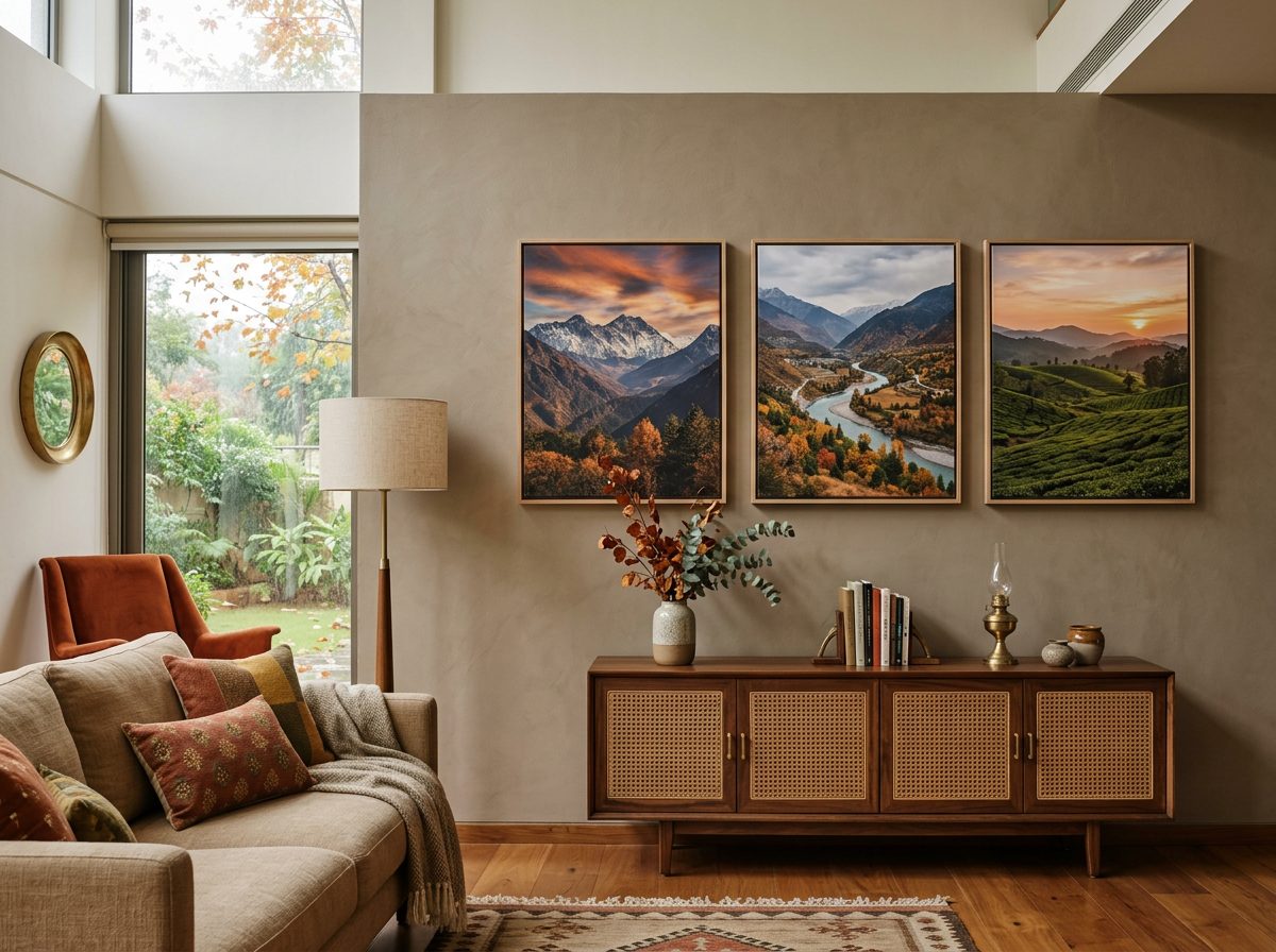 Large framed canvas art prints styled in a premium living room