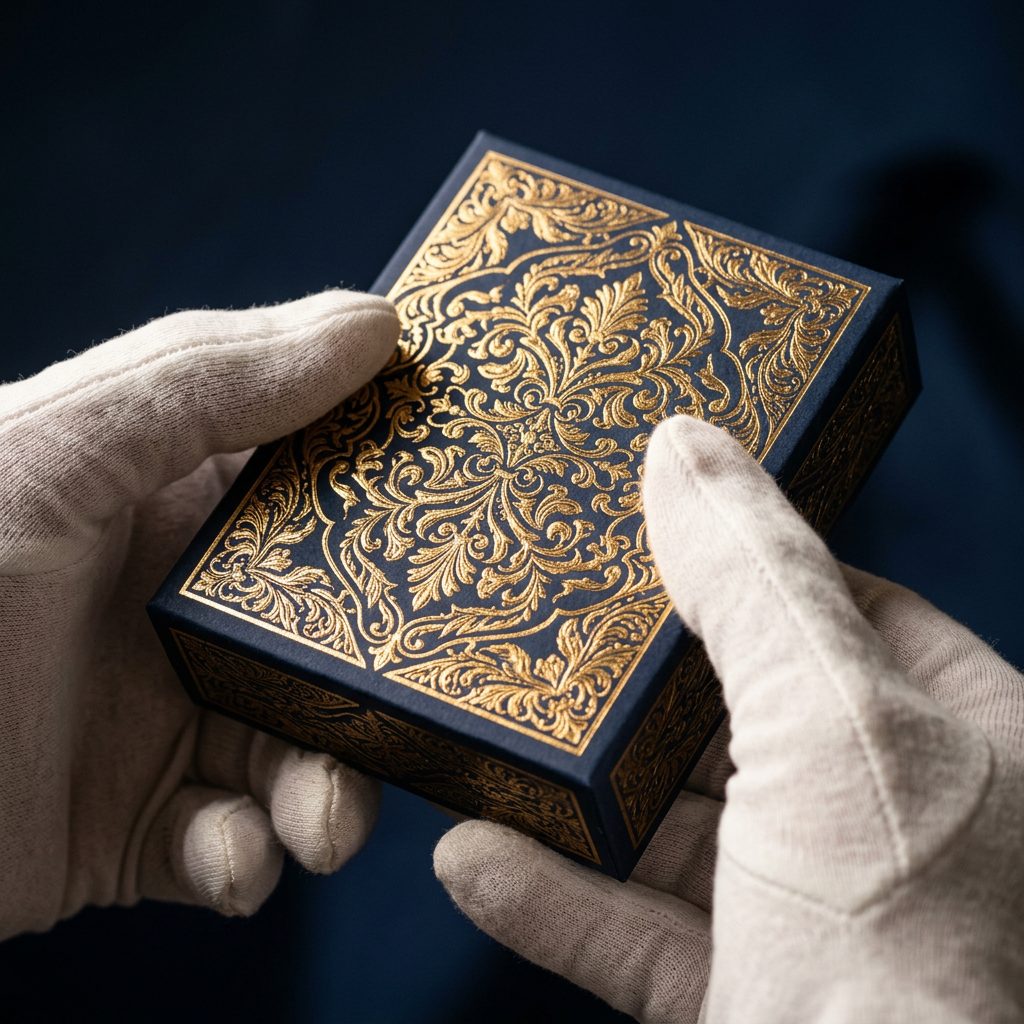 Gold foil embossed luxury rigid box held in white gloves