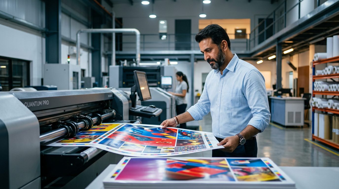 Print manager inspecting a freshly printed color sheet at a production press at Friends Digital